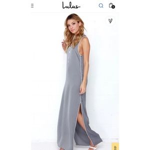 Lulus In Your Court Grey Maxi Dress sz S EUC White Piping Sexy